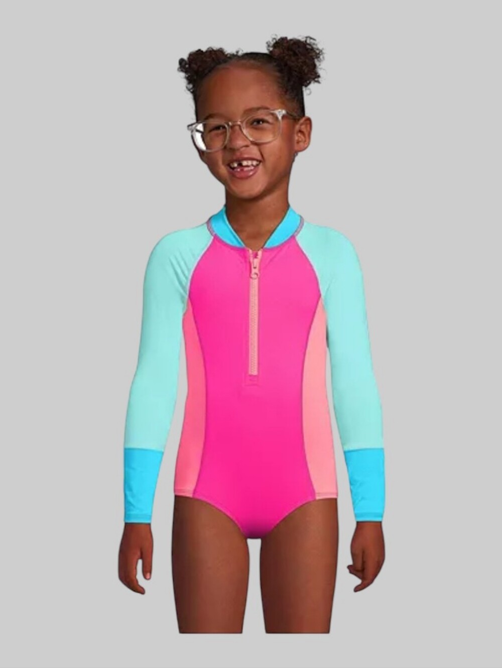 Land' End Girl's Long Sleeve Half-zip Rash-Guard One-piece Swimsuit